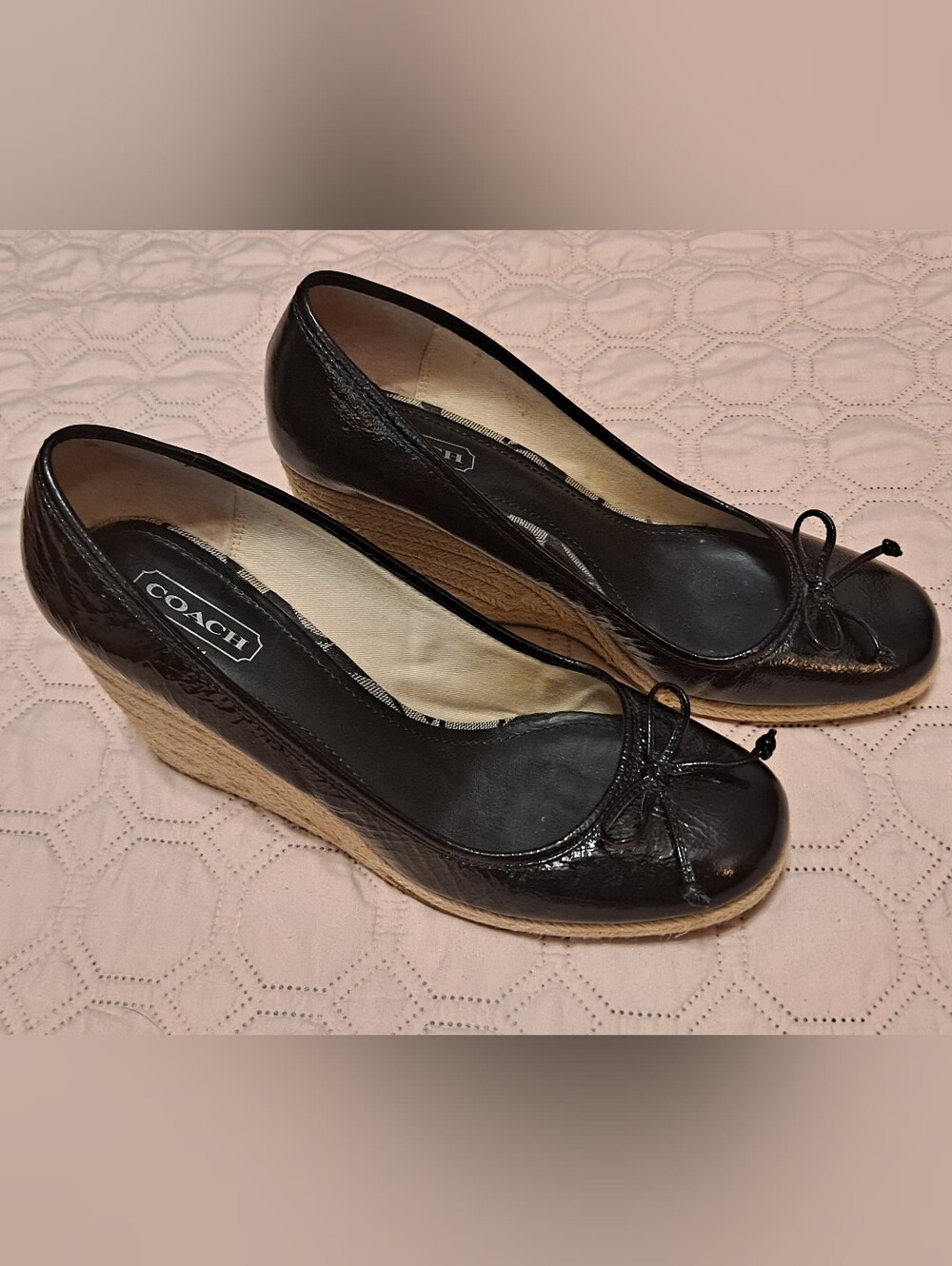 Coach Black Leather Espadrille Wedge Shoes Sz 10